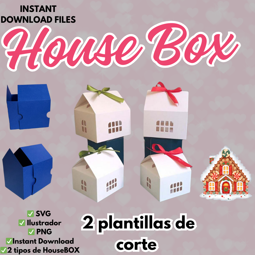 House Box, plantilla de corte para cajita en forma de casita para Cricut, Cameo y Canva,