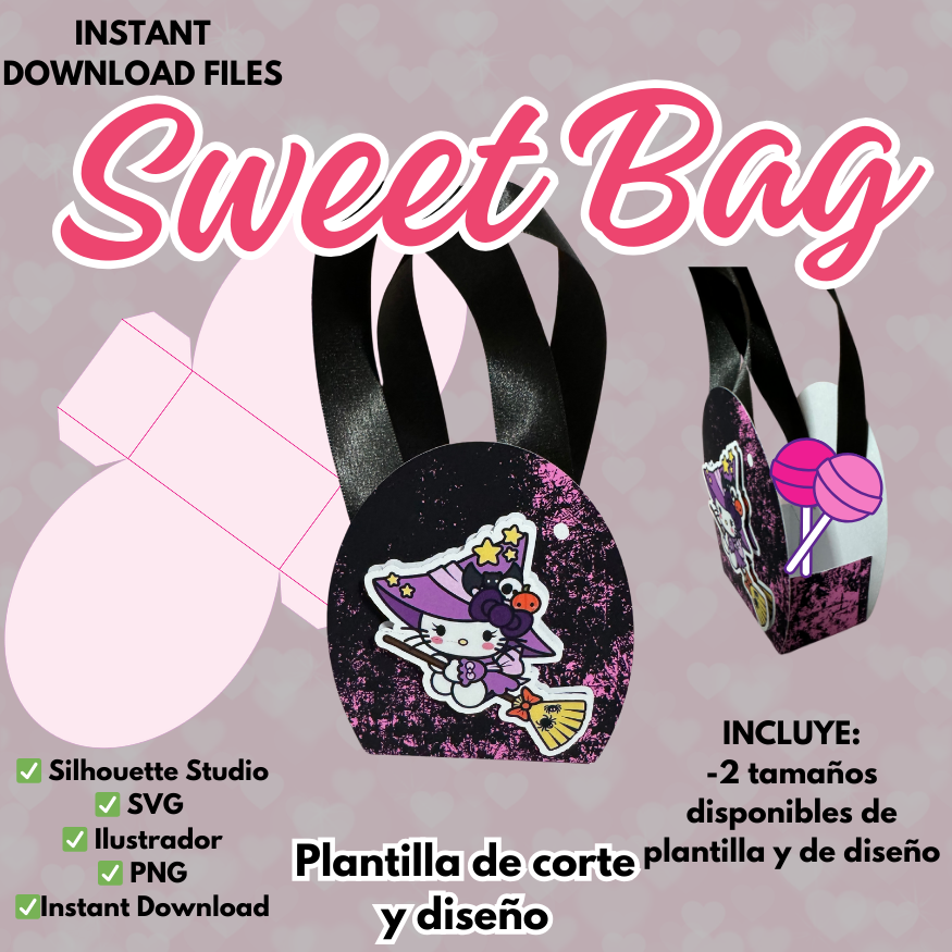 Sweet bag, 2 tamaños de plantilla de corte y de diseño para cajita en forma bolsan, formato SVG, Silhouette studio, AI y PNG.