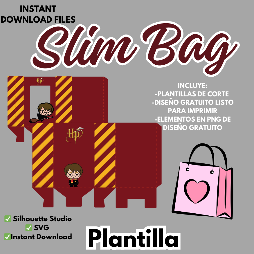 Slim bag, plantilla de corte para cajita en forma de bolsa, formato SVG, Silhouette studio y diseños de corte listo para imprimir.