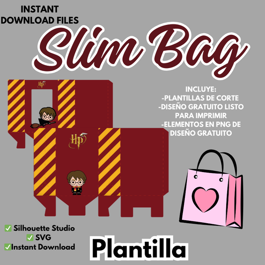 Slim bag, plantilla de corte para cajita en forma de bolsa, formato SVG, Silhouette studio y diseños de corte listo para imprimir.