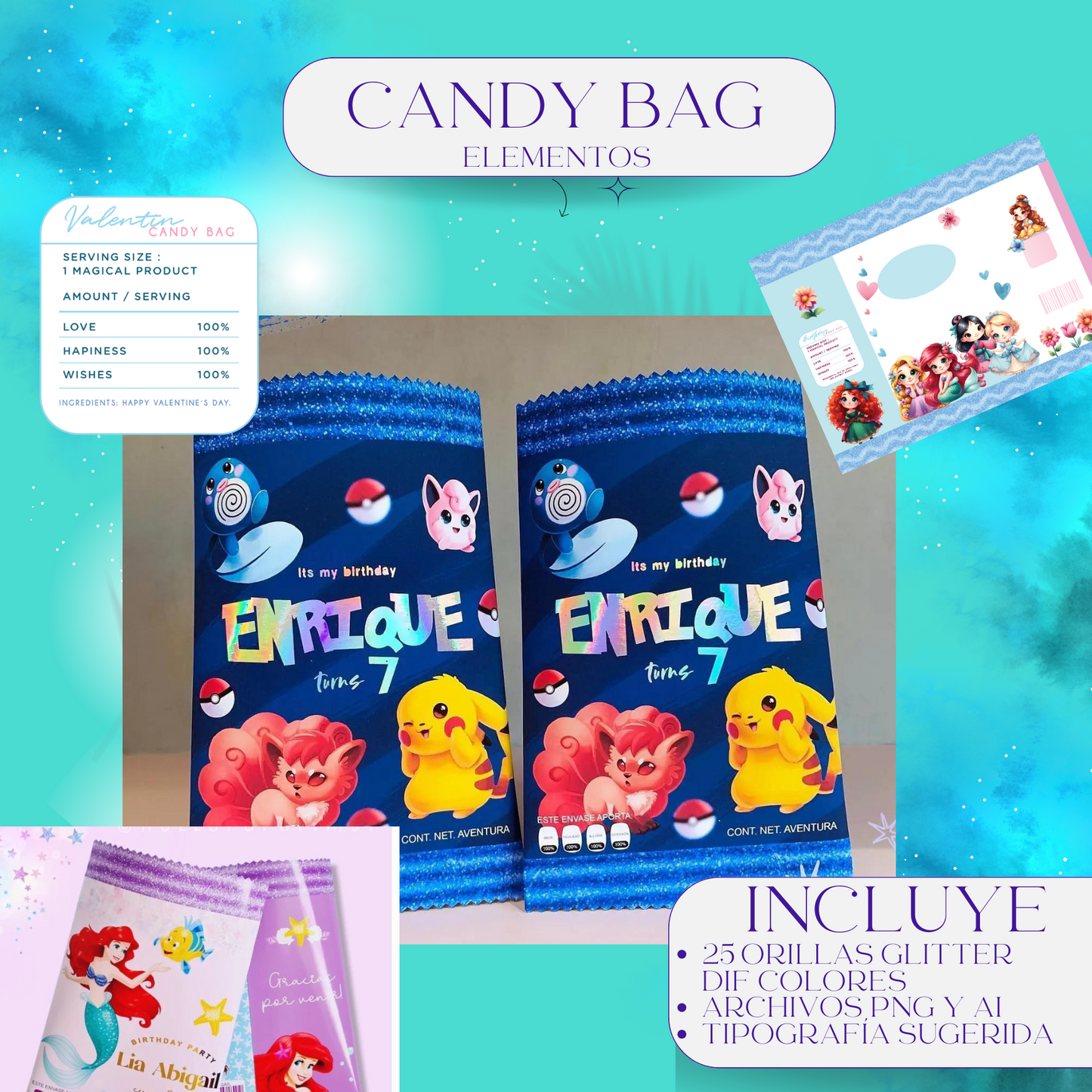 Elementos para Candybags, template y elementos en png, y archivos editables en formato Ilustrator, 25 orillas glitter en png varios colores
