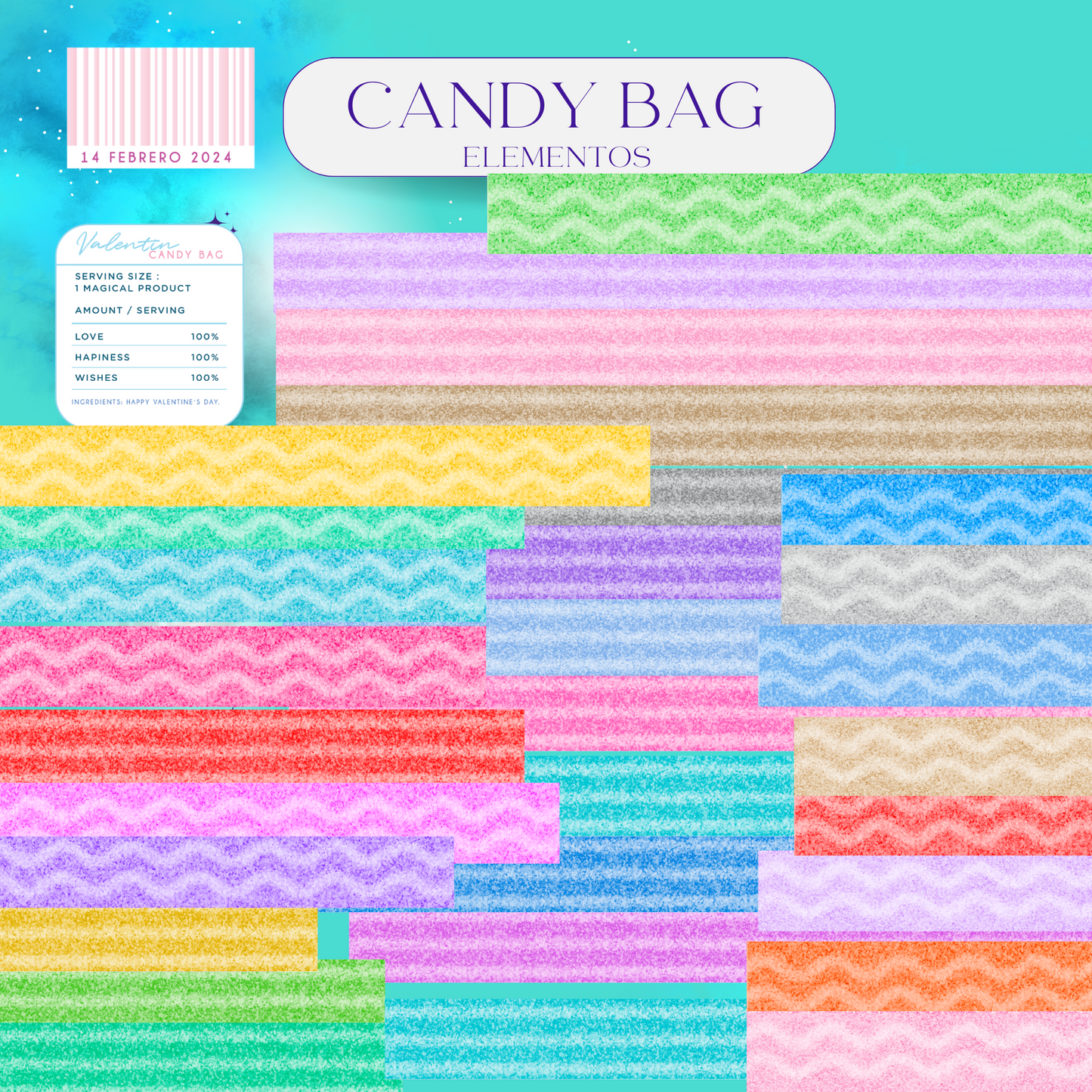 Elementos para Candybags, template y elementos en png, y archivos editables en formato Ilustrator, 25 orillas glitter en png varios colores