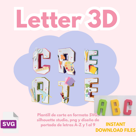 Alfabeto A-Z y 1-9 3D, plantilla de corte en forma 3D, y plantilla para diseño de portada, formato svg, silhouette studio, dxf y png.