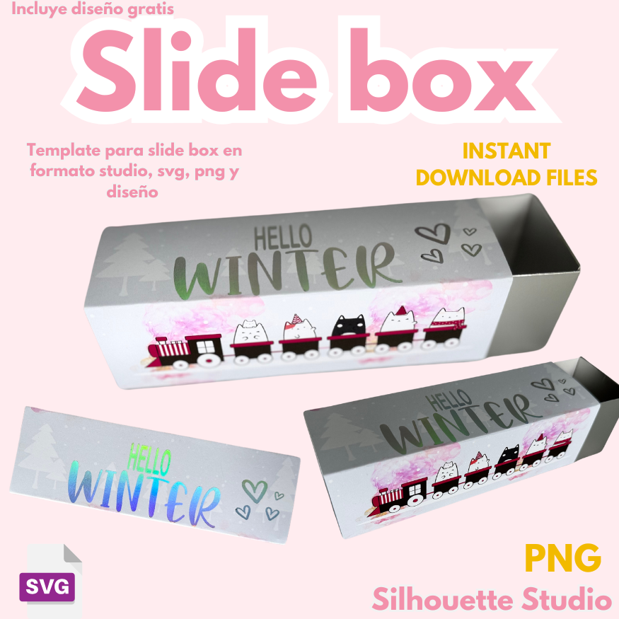 Slide BOX, plantilla de corte en formato svg, silhouette studio y png, diseños ilustrativos incluidos.