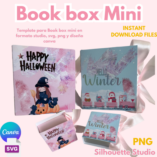 Book box Mini, plantilla de corte en formato svg, silhouette studio y png, diseños ilustrativos incluidos.