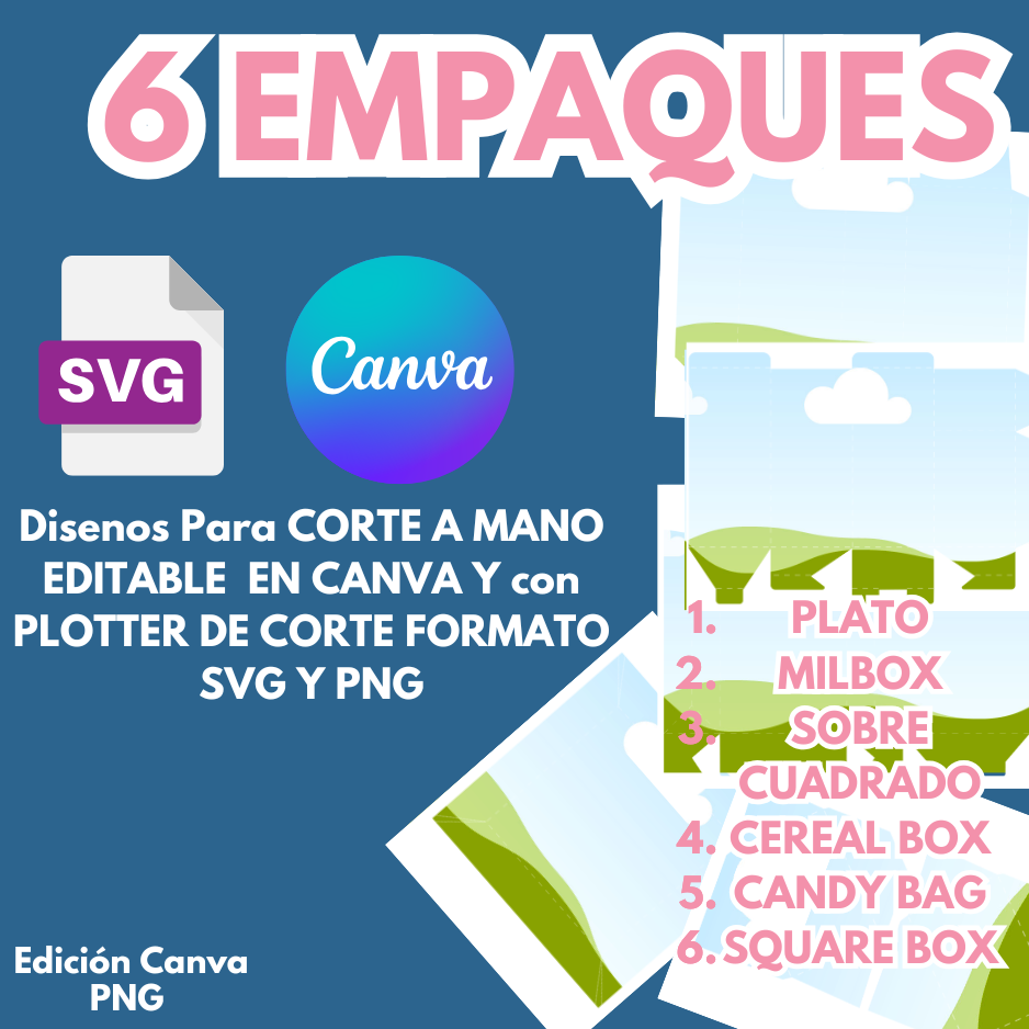 6 empaques: MilkBox, candybag, plato, cerealbox, sobre y square box diseño editable para corte a mano en Canva, formato svg, png plantilla