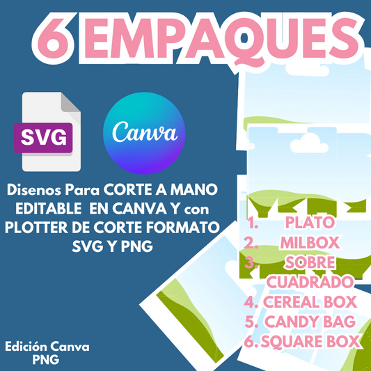 6 empaques:  MilkBox, candybag, plato, cerealbox, sobre y square box diseño  editable para corte a mano en Canva, formato svg, png plantilla