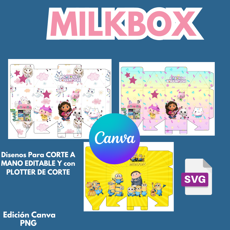6 empaques: MilkBox, candybag, plato, cerealbox, sobre y square box diseño editable para corte a mano en Canva, formato svg, png plantilla