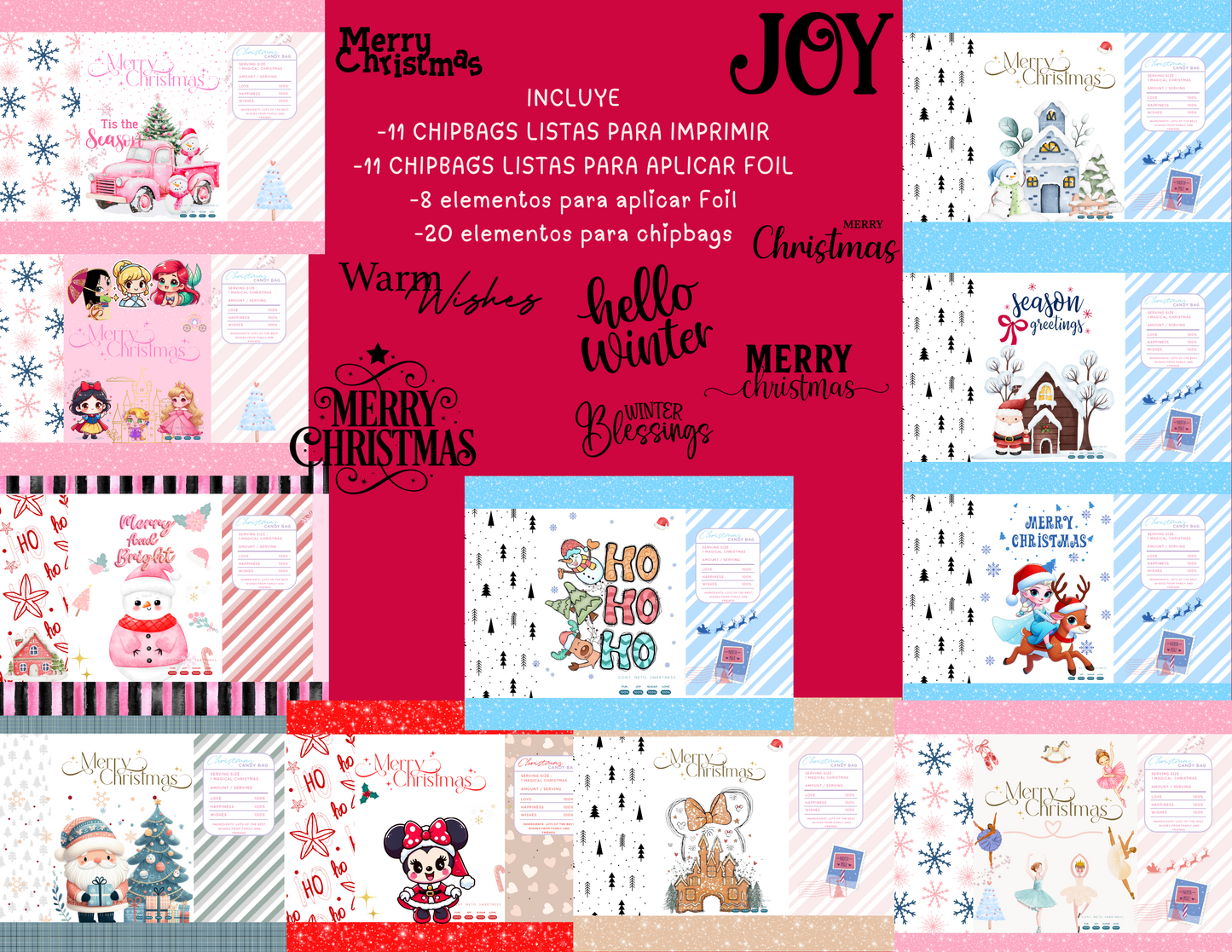 KIT Chipbags, Christmas Kit + PNG files 300dp + Diseños listos para imprimir, ( Candybag,elemento foil, elementos candybags)