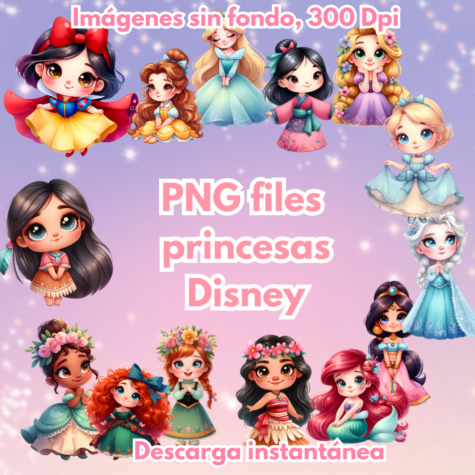 Princesas en png 300dpi sin fondo, descarga instantánea, listas para agregar a tus diseños Disney