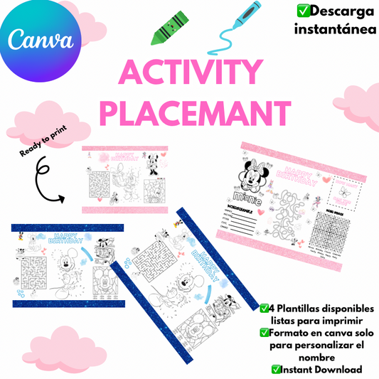 Activity placemant, editable en nombre formato CANVA, 4 diseños listos para imprimir