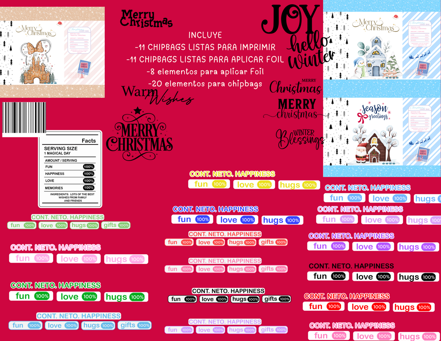 KIT Chipbags, Christmas Kit + PNG files 300dp + Diseños listos para imprimir, ( Candybag,elemento foil, elementos candybags)