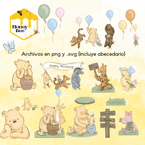 Cliparts 25 imagenes png y svg de Winnie the pooh, incluye abecedario, Ideal para personalizaciones en diseños de fiesta y caketoppers