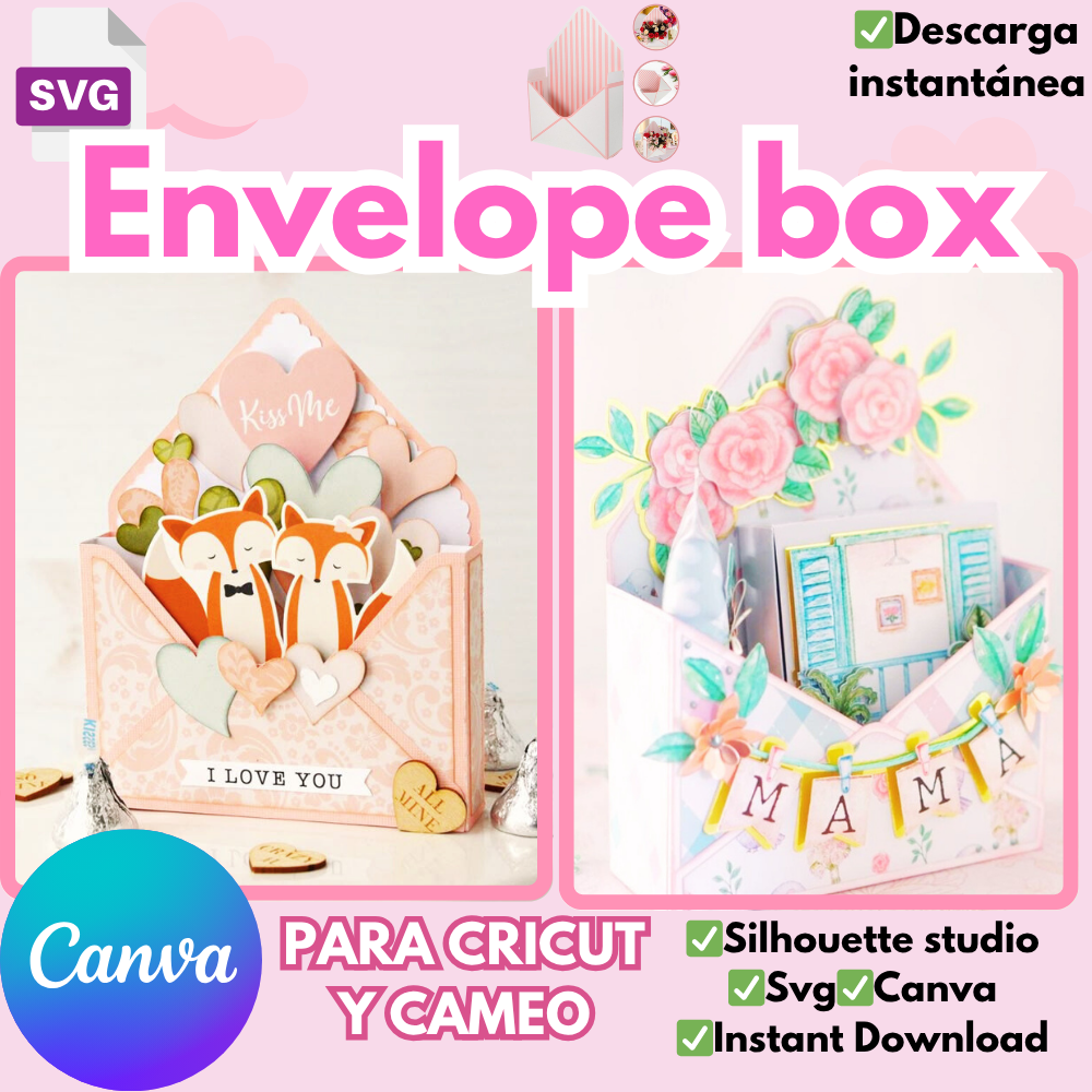 Envelope Box, plantillas de corte para cajita, disponible en formato SVG, silhouette studio, editable template para cricut, cameo y CANVA
