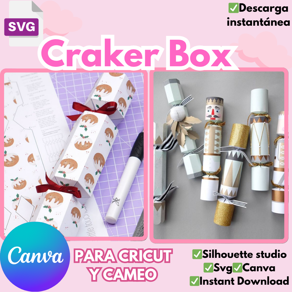 Craker Box, editable en formatos SVG y silhouette studio, personalizable para eventos y cumpleaños, cajita dulcera, plantilla Canva disponible
