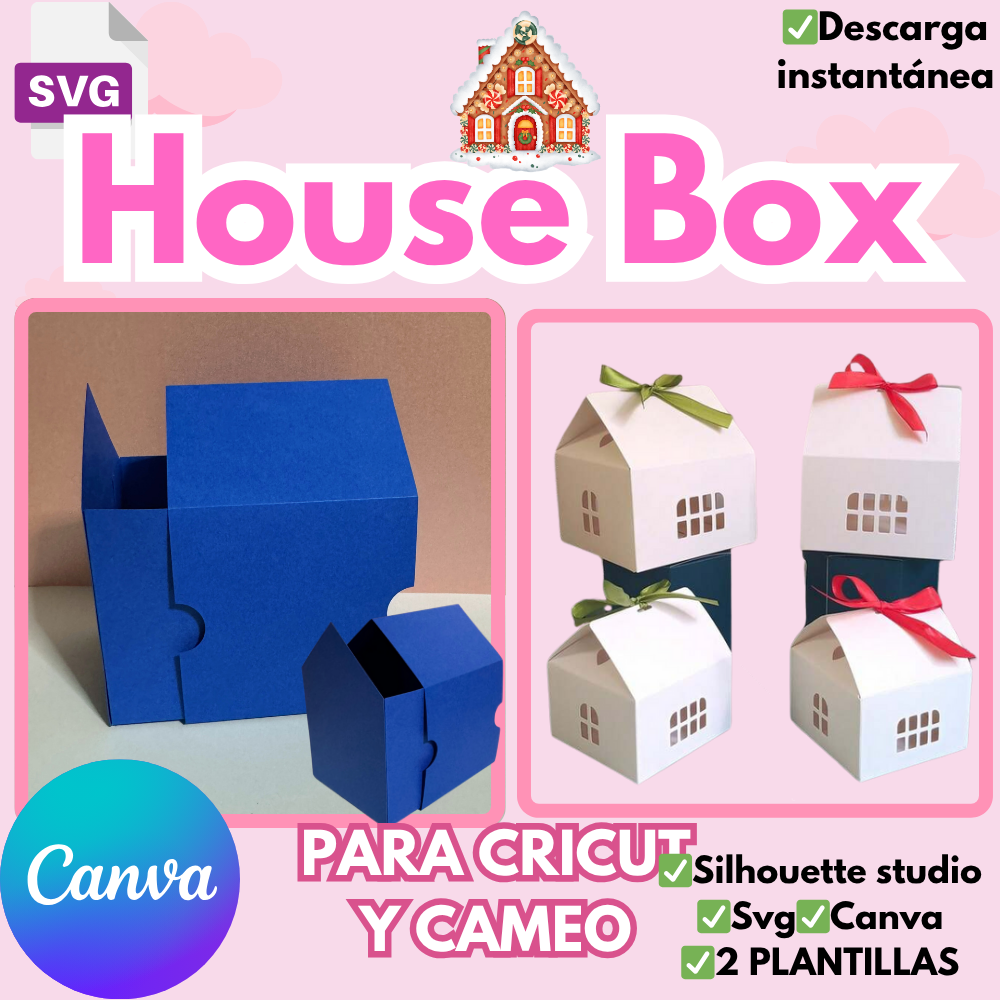House Box, plantilla de corte para cajita en forma de casita para Cricut, Cameo y Canva,