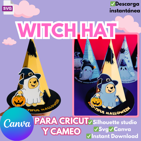 Witch Hat, plantillas de corte para cajita en forma de sombrero de bruja, formato SVG, Silhouette studio, PNG y Canva