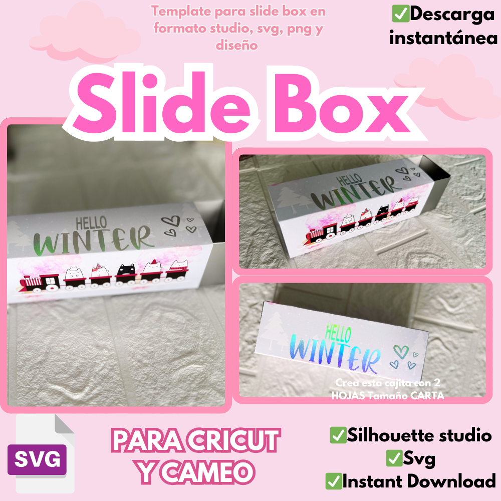 Slide BOX, plantilla de corte en formato svg, silhouette studio y png, diseños ilustrativos incluidos.