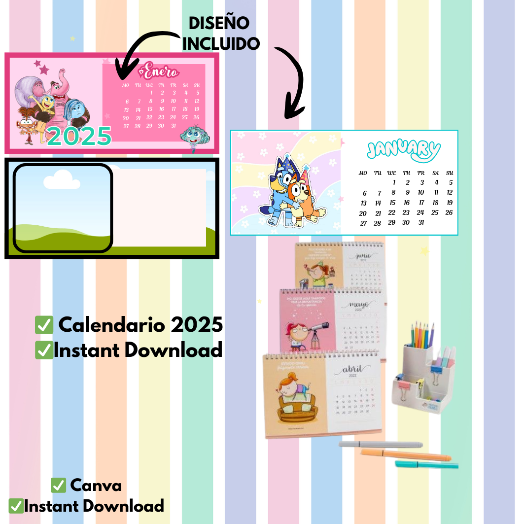 Plantilla editable para Calendario 2025 diseño Canva, personalizable, ideal para regalo