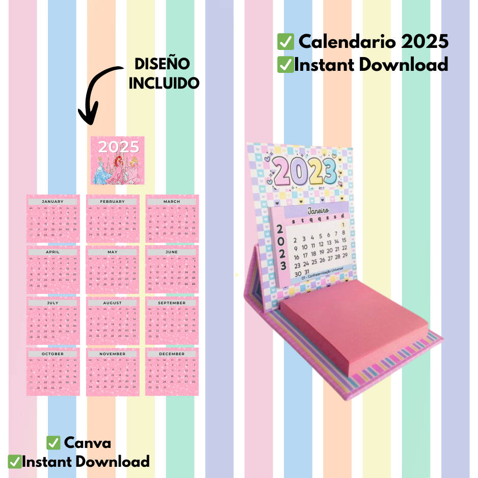 Plantilla editable para Calendario 2025 diseño Canva, personalizable, ideal para regalo