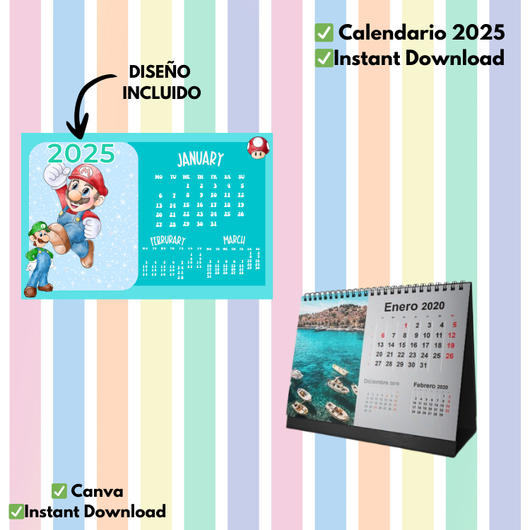 Plantilla editable para Calendario 2025 diseño Canva, personalizable, ideal para regalo