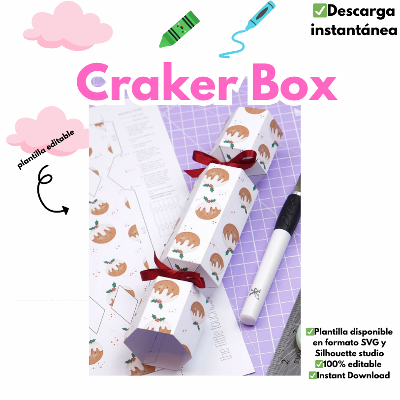 Craker Box, editable en formatos SVG y silhouette studio, personalizable para eventos y cumpleaños, cajita dulcera, plantilla Canva disponible