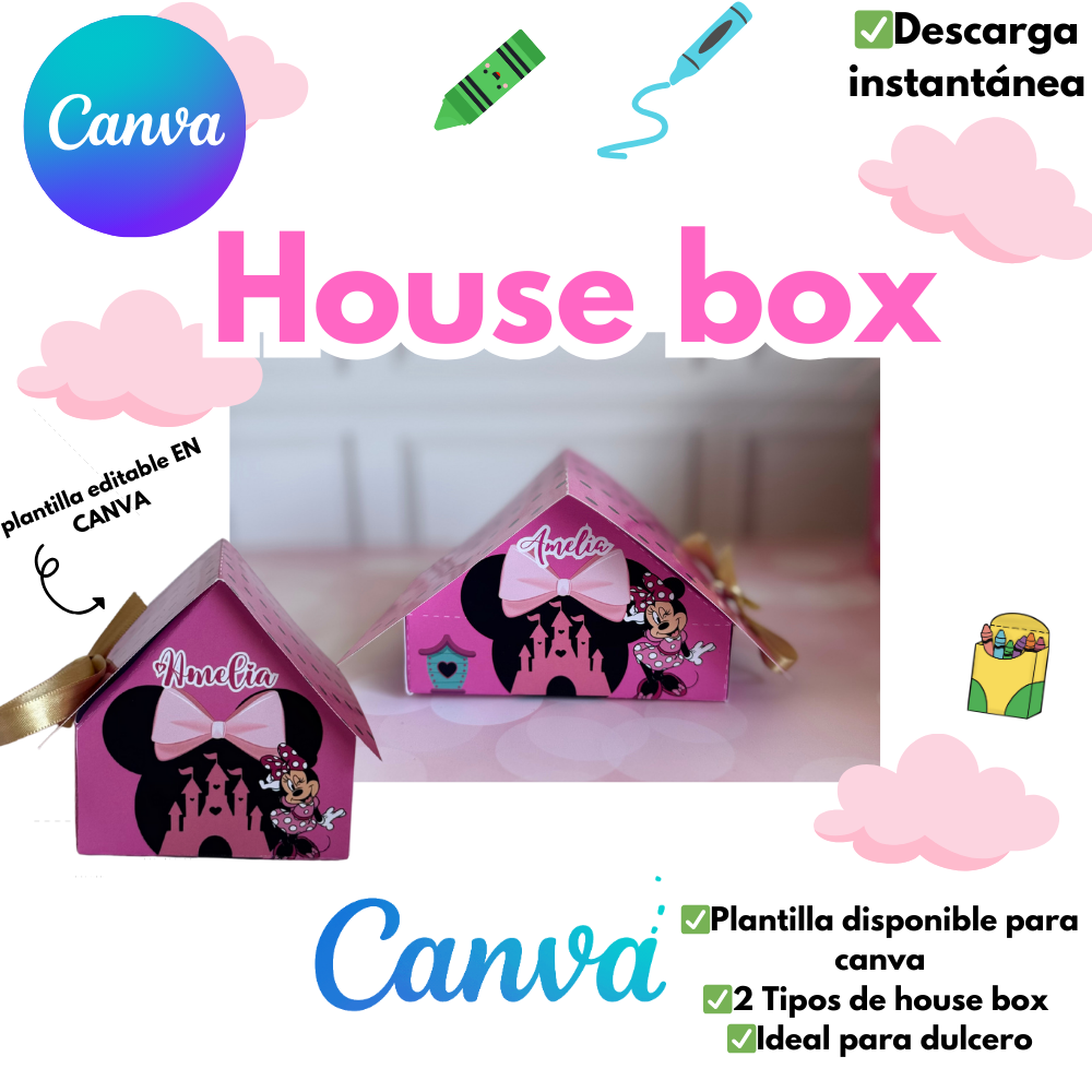 Cajita House Box dos tamaño editable para CAnVA,  incluye plantilla para caja y tapa,  dulcero personalizado.