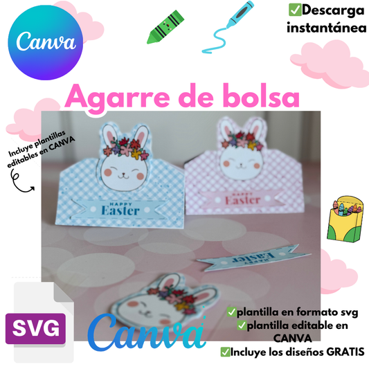 Agarre para bolsa con plantilla editable en CANVA, incluye plantilla formato svg y diseños listos para imprimir.