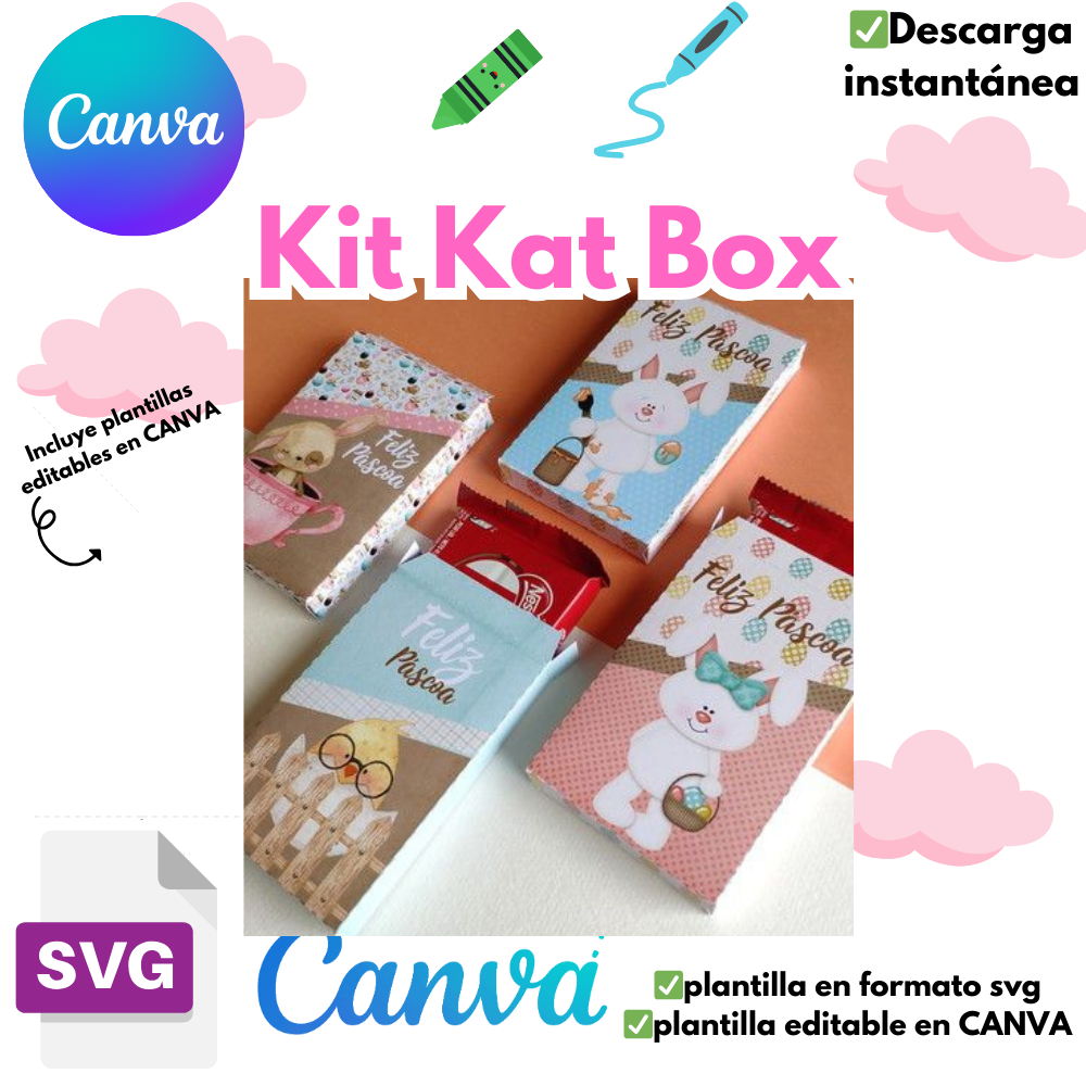 Kit Kat Box cajita para chocolate, incluye plantilla editable en CANVA y  plantilla en formato svg, ideal para personalizar y regalar