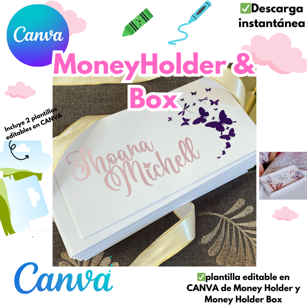 Money Holder & Money Holder Box, plantilla para diseño en Canva, Cricut y Cameo, sobre de dinero y caja para sobres de dinero