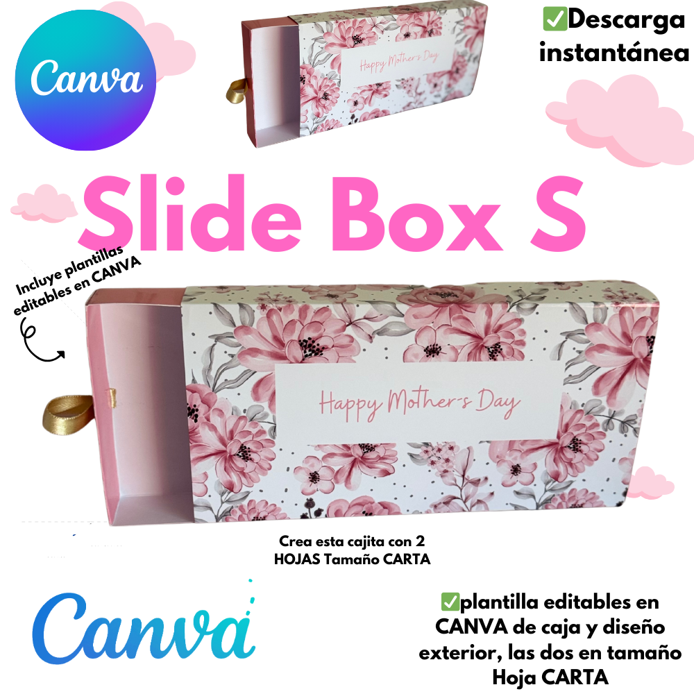 Caja Slide Box, caja y diseño exterior en Canva ambas impresas en tamaño carta, para sobres de dinero, diseño incluido del día de las madres