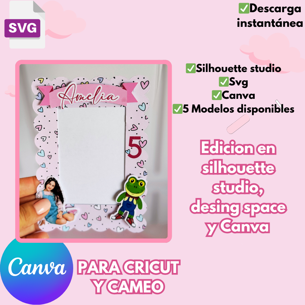 Plantilla editable para portaretrato polaroid version mini, formato SVG, Silhouette studio y Canva, personalizable, ideal para regalo