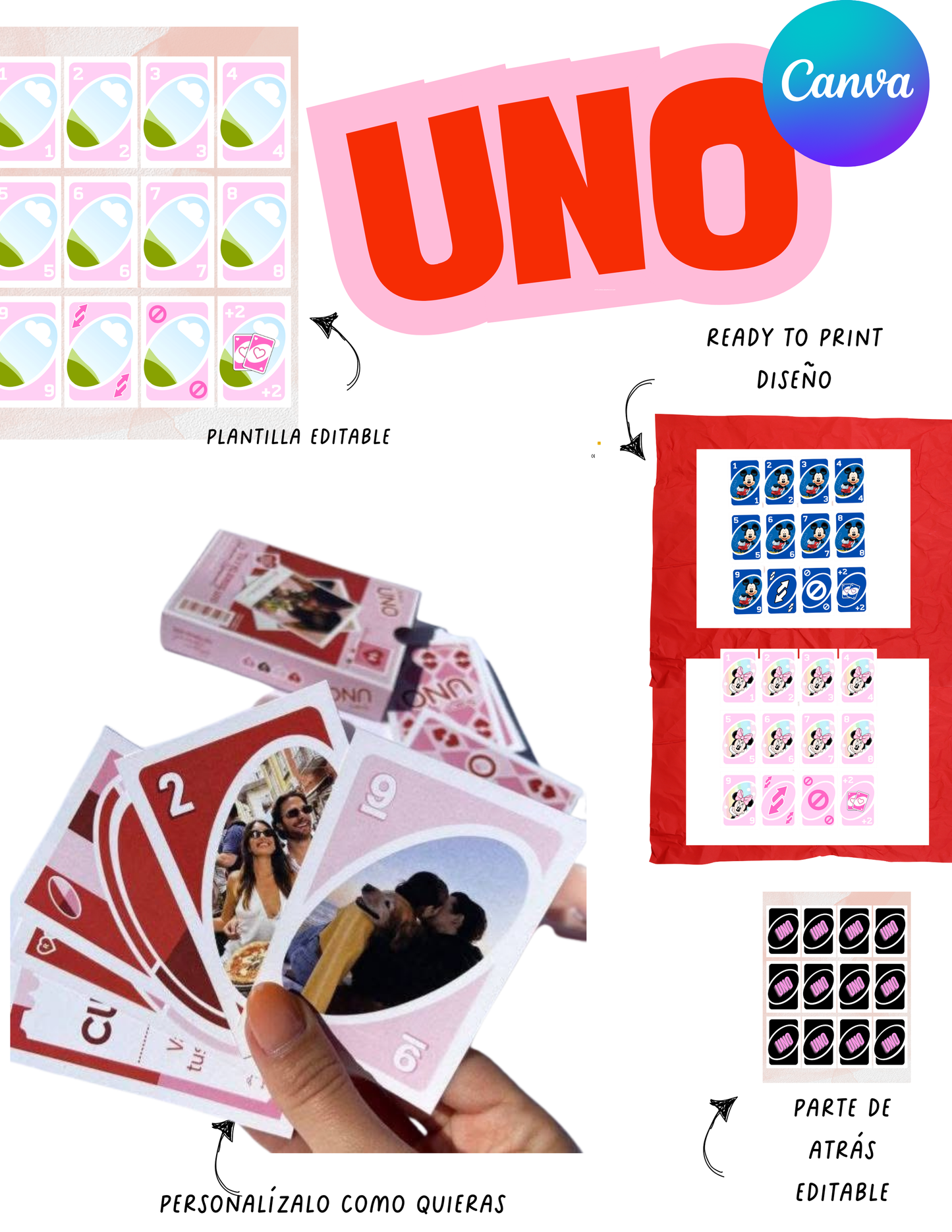 Plantilla editable en Canva para juego de mesa UNO, viene un diseño listo para imprimir.