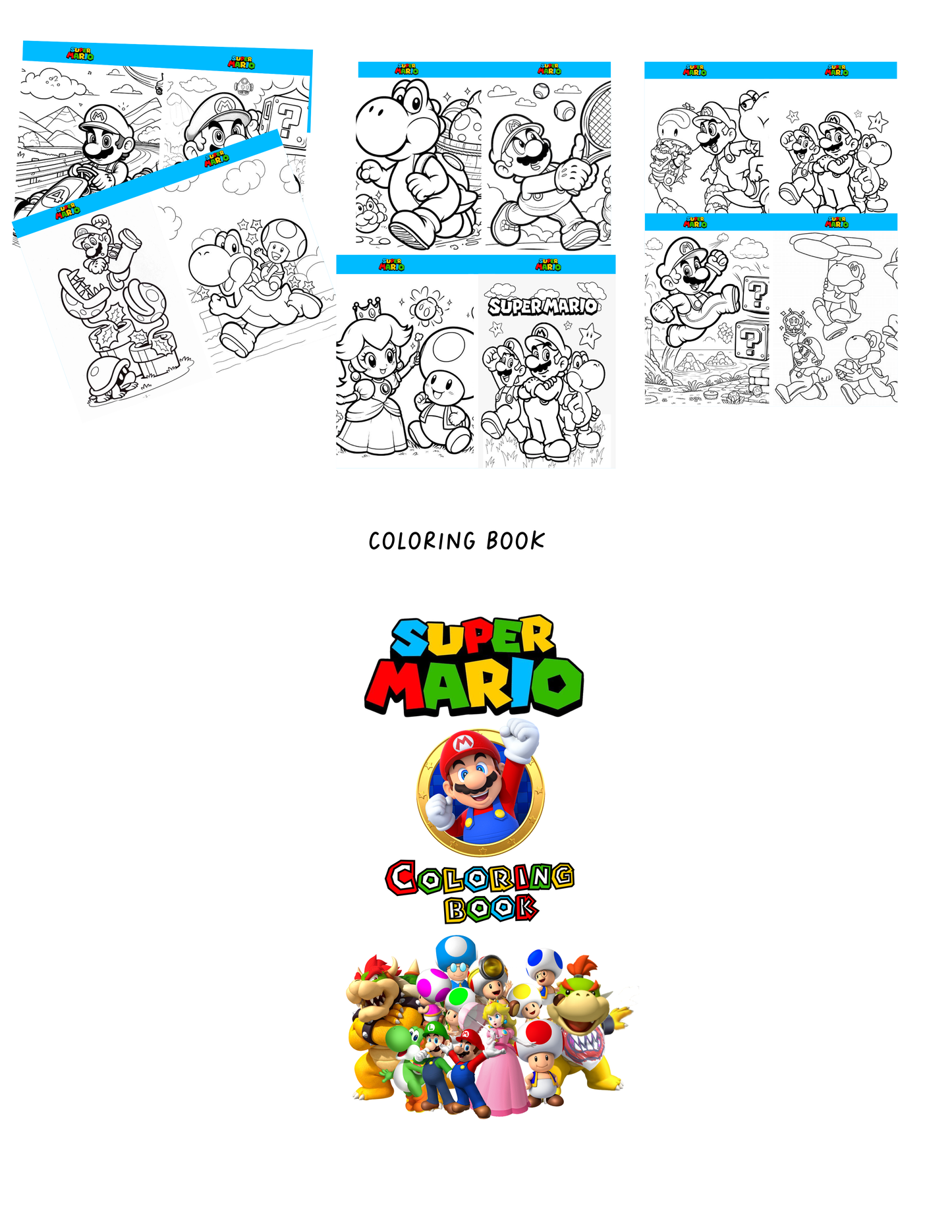 Kit Juegos y actividades de fiesta, Mario Bross Coloring book y mini, Memorama y caja, 4 manteles de activitades para colorear