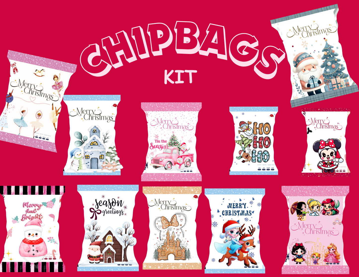 KIT Chipbags, Christmas Kit + PNG files 300dp + Diseños listos para imprimir, ( Candybag,elemento foil, elementos candybags)