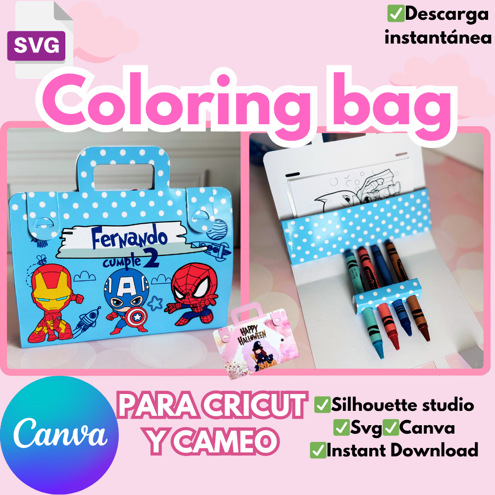 Template para coloring bag, forma de maletín fácil agarre, formato SVG, Silhouette studio y plantilla en CANVA