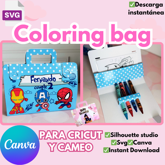 Template para coloring bag, forma de maletín fácil agarre, formato SVG, Silhouette studio y plantilla en CANVA