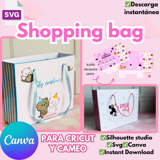 Shopping bag, plantilla de corte para dulcero en forma de bolsa, formato svg, silhouette studio y plantilla en CANVA