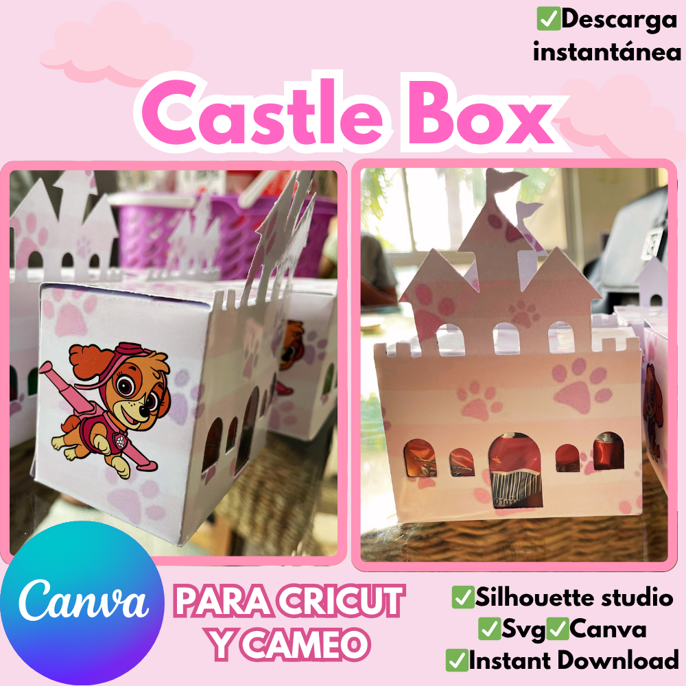 Castle Box, 2 plantillas de corte para cajita en forma de castillo, 1 pieza y en 2 piezas formato SVG, Silhouette Studio y Canva