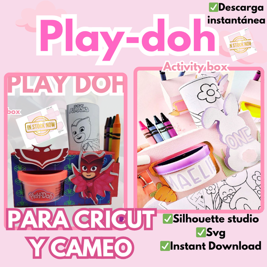 Plantilla de corte activity Box para plastilina Play Doh,  hoja de colorear y crayolas, disponible en formato SVG y Silhouette studio.