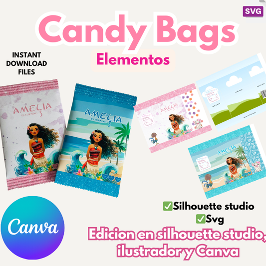 Elementos para Candybags, template y elementos en png, y archivos editables en formato Ilustrator, 25 orillas glitter en png varios colores