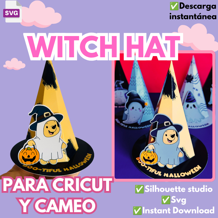 Witch Hat, plantillas de corte para cajita en forma de sombrero de bruja, formato SVG y Silhouette studio