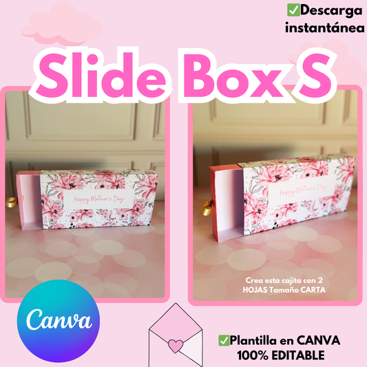 Caja Slide Box, caja y diseño exterior en Canva ambas impresas en tamaño carta, para sobres de dinero, diseño incluido del día de las madres