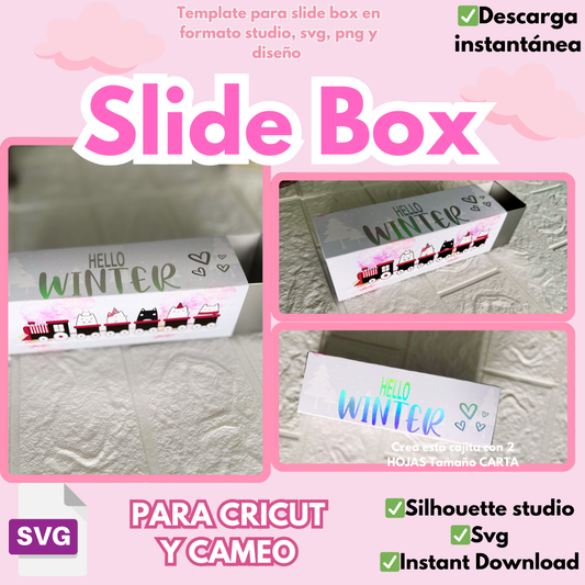 Slide BOX, plantilla de corte en formato svg, silhouette studio y png, diseños ilustrativos incluidos.