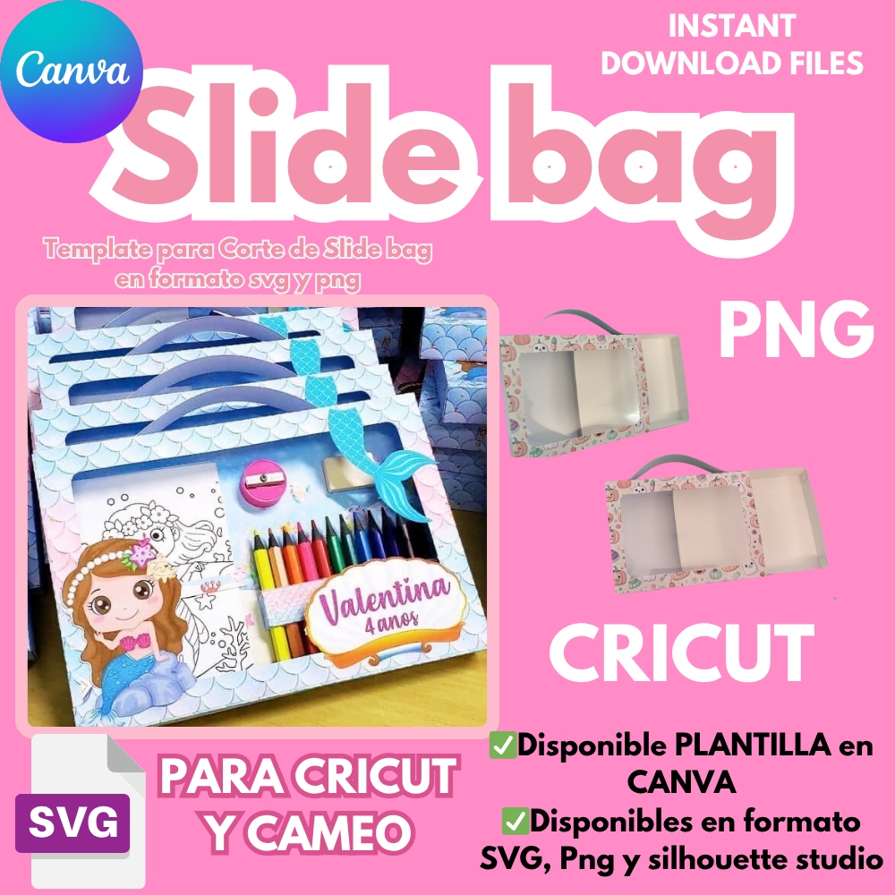 Slide Bag, plantilla de corte para cajita en forma de maletín, formato svg, silhouette studio y canva
