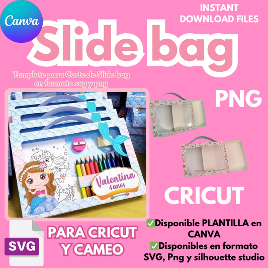 Slide Bag, plantilla de corte para cajita en forma de maletín, formato svg, silhouette studio y canva