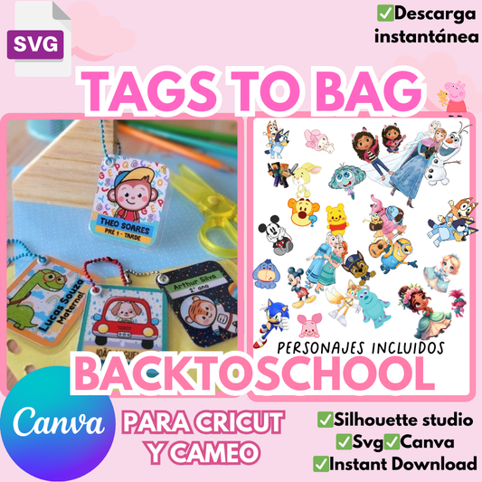 Tags Back to School, diseños listos para imprimir con personajes del momento, 100% editable, descarga instantánea.