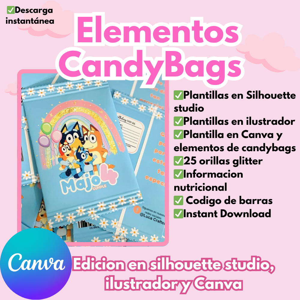 Elementos para Candybags, template y elementos en png, y archivos editables en formato Ilustrator, 25 orillas glitter en png varios colores