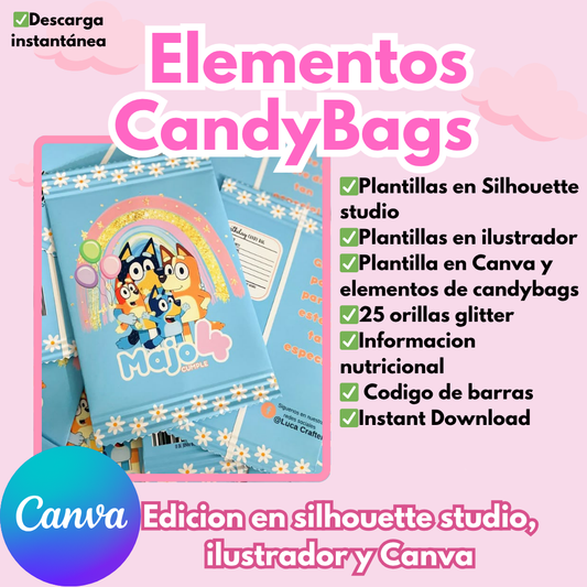Elementos para Candybags, template y elementos en png, y archivos editables en formato Ilustrator, 25 orillas glitter en png varios colores