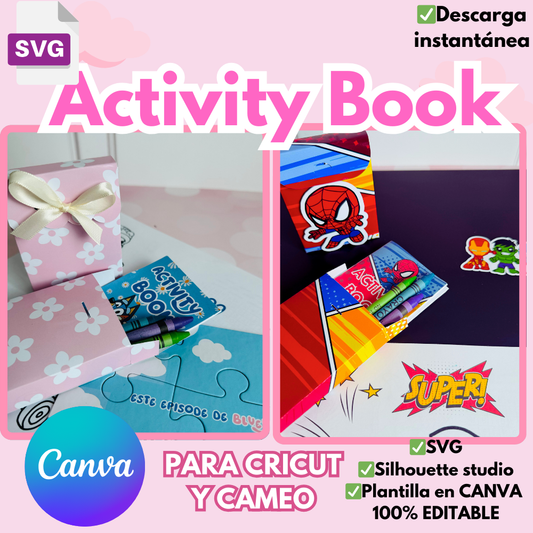 Activity Book, dos modelos de cajitas y activity book, disponibles para Canva y plotter de corte